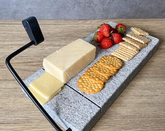 Handcrafted Granite Cheese Slicer – Natural Stone Board with Black Stainless Steel Wire Cutter, Modern Kitchen & Holiday Host Gift