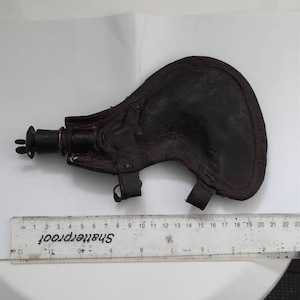 Antique &#39;Scrotum&#39; Powder Flask - leather & Brass Mid 1800s Middle Eastern