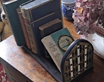 Antique Gothic Revival Book Slide - brass and studded end panels in Arched shape dark hard wood construction