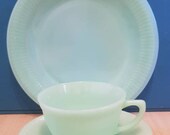 FIRE KING Jade-ite TRIO - side plate cup saucer - in fluted Jane Ray Design pattern 1950s