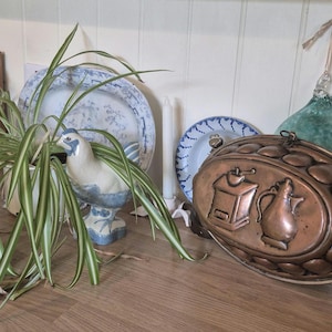 May include: A display of antique objects on a wooden shelf, featuring a copper mould with coffee grinder and teapot motifs, blue and white porcelain plates, a decorative bird, and a spider plant. Glass bottles and a framed picture are also present.
