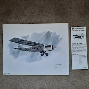Artysta Nixon Galloway, wydruk z lat 70. dla United Airlines z 1976 r. - samolot FORD 2AT 28 cm x 21,5 cm z osobną kartą informacyjną