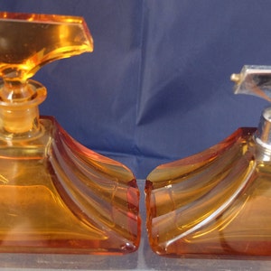 Pair of Large Bohemian Czech Art Deco Amber Cut Glass Perfume Bottles Odeon styling with fluted sides (both AF)