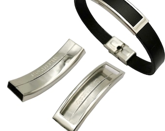 May include: A black leather bracelet with a stainless steel band and clasp. The band has a rectangular cutout for engraving. The bracelet is shown with two separate stainless steel pieces that are used to attach the band to the clasp.