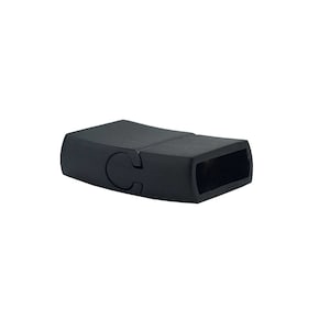 May include: Black plastic slider buckle for a strap or belt. The buckle has a curved shape and a small, round button on the side.