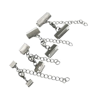 ShapesbyX 5 Sets Stainless Steel Crimp Clip Clasp Claw Teeth Webbing Ribbon End with Lobster and Extension Chain 10mm 20mm 25mm SC112-2