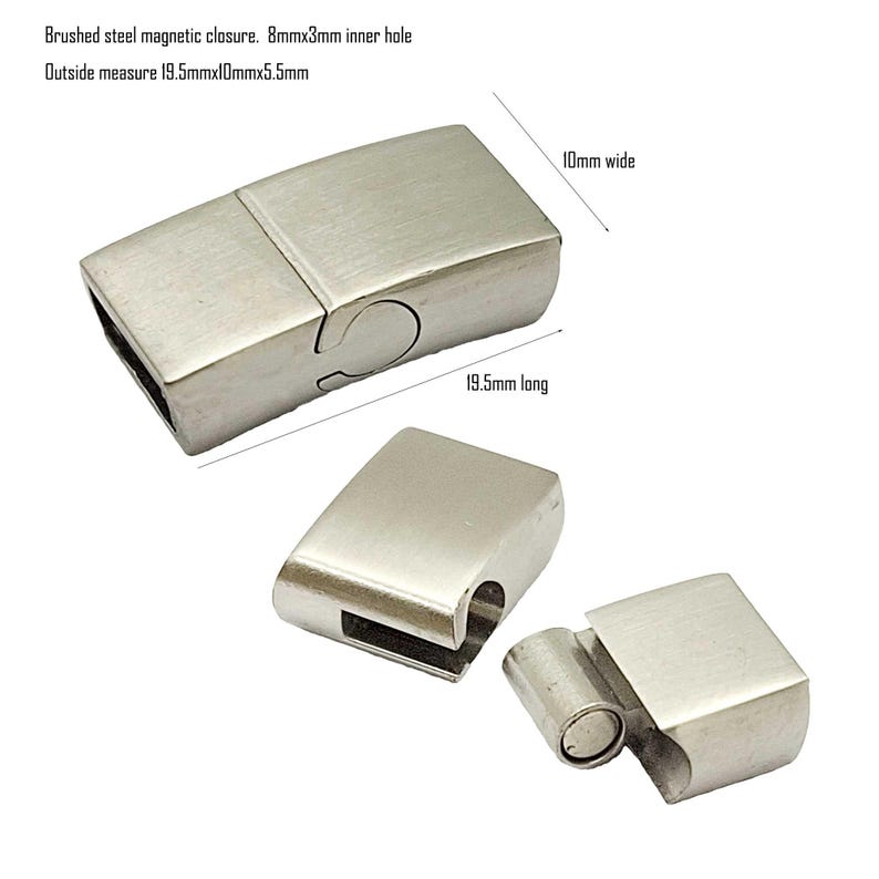May include: Brushed silver magnetic clasp for jewelry making. The clasp measures 19.5 mm long, 10 mm wide, and has an 8 mm by 3 mm inner hole.