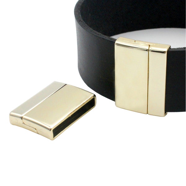 ShapesbyX 2 Pieces Flat Matte Gold/Silver Magnetic Clasps and Clips 25mmx3mm Inner Hole, Magnet Bracelet End Leather Strap Glue In MT715-4