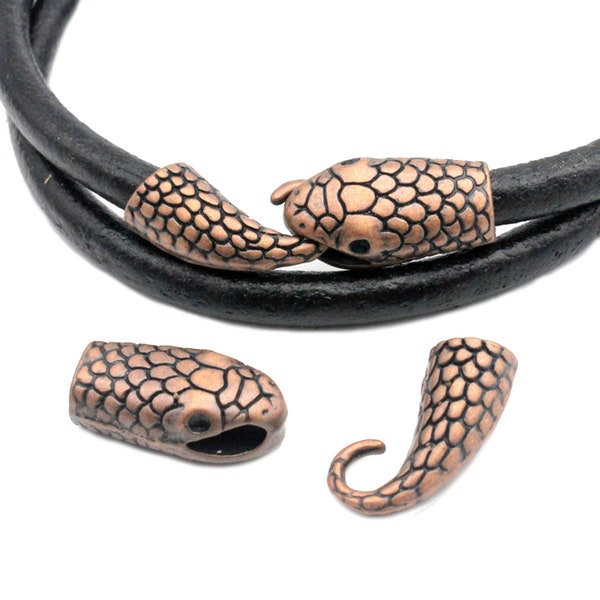 ShapesbyX 3 Pieces Snake Head Charm Hook Clasps Antique Copper, 7mm Hole Leather Glue In, Charm Bracelet Making End MT705-4