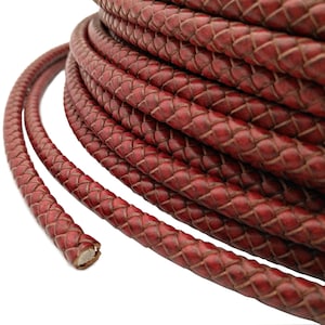 ShapesbyX Antique Red Braided Leather Bolo Cords for Bracelet Making 8mm Round Folded Leather with Rope Core RLG8M100