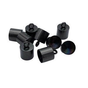 May include: A group of black metal end caps with a small loop on top. The end caps are scattered on a white background.
