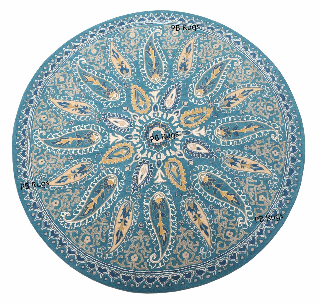 Round Rug Inky Blue Mersey Elegant Round Design Blue Color Handmade Traditional Oriental ...