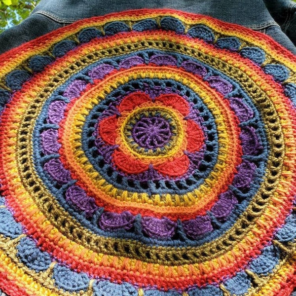 Plus Size Upcycled Crochet Rainbow Mandala Jean Jacket