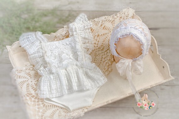 Baby Girl Bonnet and Romper Set, Lace Baby Bonnet and Romper