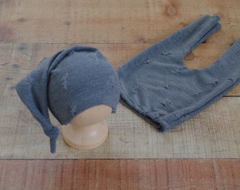 Distress denim newborn Hat and pants, Denim Blue newborn hat, Blue Baby boy hat and pants