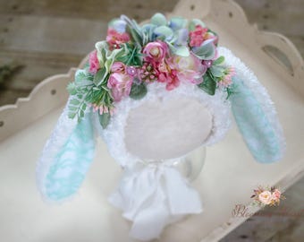 Sitter Furry Floral Bunny bonnet, Floral Bunny hat, Easter Bunny, Mint pink Floral Furry bunny bonnet, Rabbit bonnet