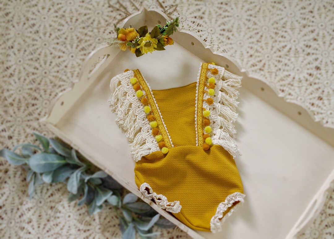 RTS Boho Sitter Mustard Romper, Baby Girl Outfit, Sitter 912monthold