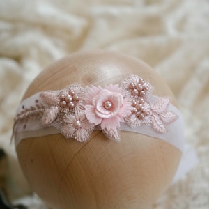 Pink Gold 3D flower tieback, Newborn Headband, Flower Headband, Pastel Tieback, Photography Prop, Baby Girl Headband, Wedding Headband