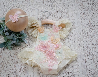 Butterfly Cake Smash Romper, Lace Applique, Baby Outfit with Headband