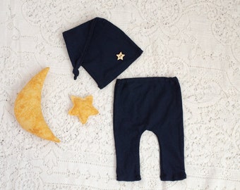 RTS Navy Newborn knotted hat and pants, Navy stars moon set, Newborn set, Baby boy hat and pants.