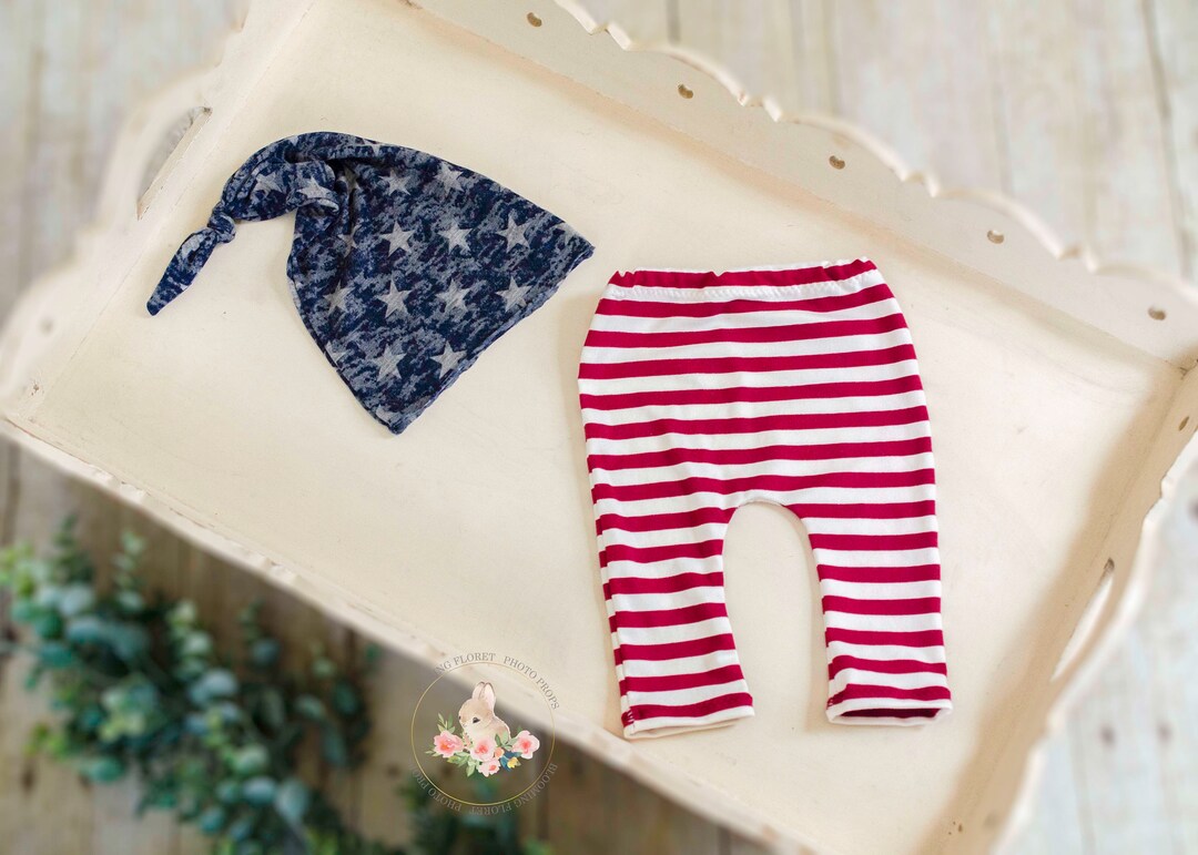 Newborn Patriotic Knotted Hat and Pants, Baby Hat and Pants, American