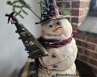 Primitive Snowman with Tree Handmade OOAK