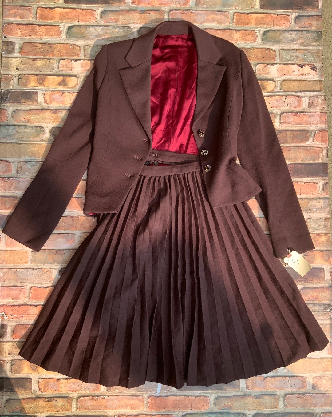 Double-Breasted Blazer and Pleated Skirt Co-Ord Set - Burgundy main image 0
