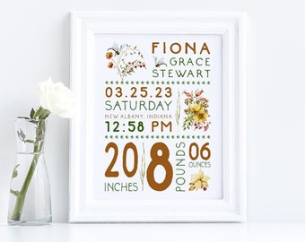 Personalized Birth Stat Print, Custom Birth Details Nursery Wall Art, Rustic Floral with Dragonflies, New Baby Gift, We Print & Ship