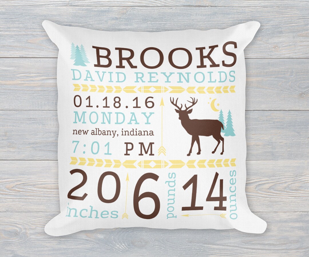 Birth Stats Pillow, Decorative Nursery Pillow, Woodlands Nursery Decor, Deer Nursery, Rustic