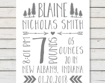 Woodlands Nursery, Adventure Nursery, Birth Stats, Personalized Print, Rustic Nursery, Birth Announcement Print, New Baby Gift Boy or Girl