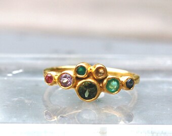 Mixed Gemstone Ring, Natural Green Tourmaline, Emerald Citrine Ruby Sapphire & Amethyst Band