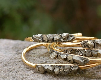 Pyrite Cuff, Pyrite Gold Bracelet, Simple Bracelet, Boho Bracelet, Gray Metallic Bracelet