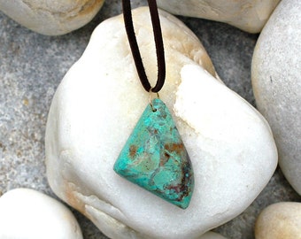 Chrysocolla Pendant, Raw Stone Necklace, Adjustable Cord Pendant, Stone & Leather Necklace, Casual Turquoise Jewelry, Boho Bead Necklace