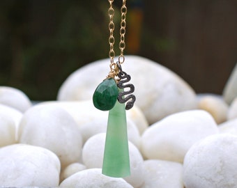 Green Aventurine Multi Charm Necklace, Emerald Beryl Agate and Gold Pendant, Gunmetal Serpent Necklace
