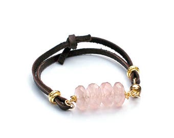 Pale Pink Rose Quartz Bracelet, Suede Yoga Bracelet, Gemstone Stacking Bracelet, Leather Bracelet