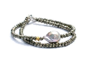 Pyrite Bracelet, Pyrite Pearl Bracelet, Flameball Pearl Simple Bracelet, Boho Metallic Bracelet, Baroque Pearl Bracelet