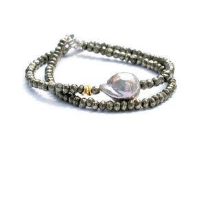 Pyrite & Flameball Pearl Bracelet: Boho Metallic Jewelry