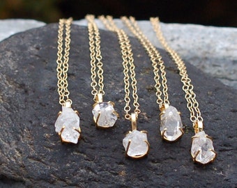 Raw Herkimer Diamond Necklace, Modern Rough Cut Crystal Pendant, Gold Chain Quartz Diamond Pendant, Delicate Gemstone Pendant