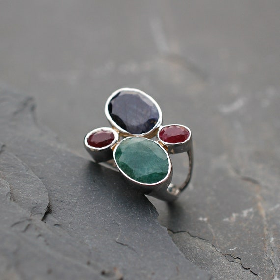 Sapphire Emerald Ruby Ring, Multi Stone Boho Ring… - image 2