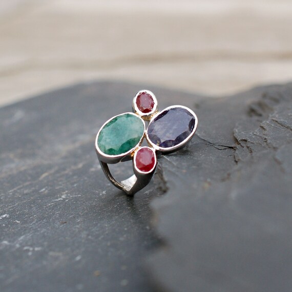 Sapphire Emerald Ruby Ring, Multi Stone Boho Ring… - image 6