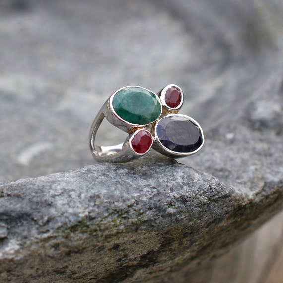 Sapphire Emerald Ruby Ring, Multi Stone Boho Ring… - image 10