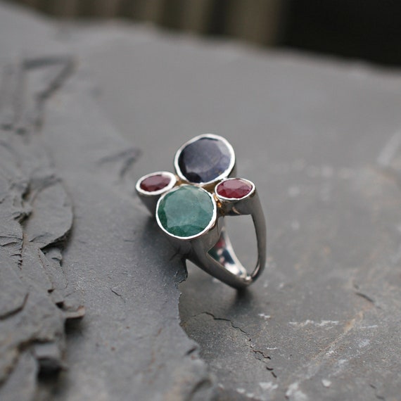 Sapphire Emerald Ruby Ring, Multi Stone Boho Ring… - image 3