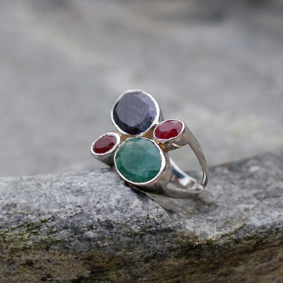 Sapphire Emerald Ruby Ring, Multi Stone Boho Ring… - image 1