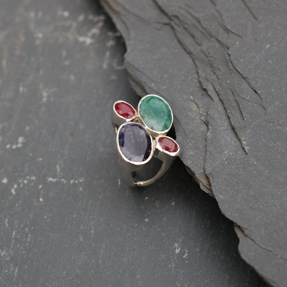 Sapphire Emerald Ruby Ring, Multi Stone Boho Ring… - image 4