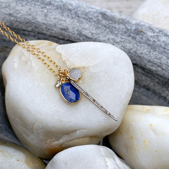 Pave Diamond Charm Necklace, Lapis& Druzy Pendants, Oxidized Sterling Silver Diamond Spike,