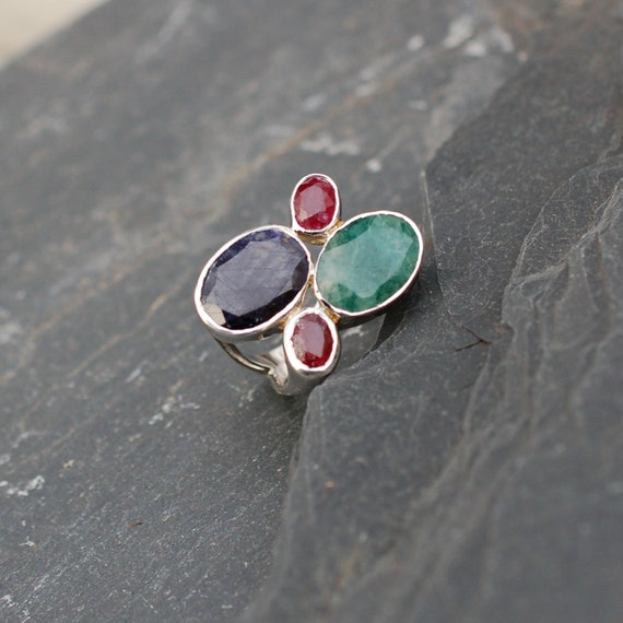 Sapphire Emerald Ruby Ring, Multi Stone Boho Ring… - image 5