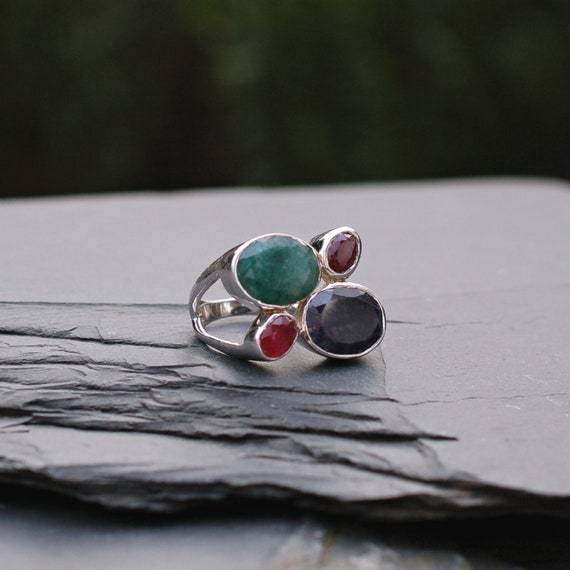 Sapphire Emerald Ruby Ring, Multi Stone Boho Ring… - image 7