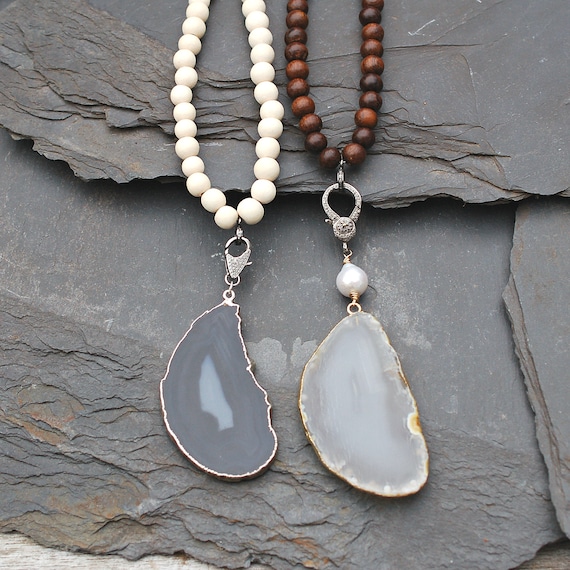 Pave Diamond Clasp Necklace, Gray Cream Coffee Agate Pendant, Wood Bead Necklace, Boho Bridal Necklace, Long Layer Necklace