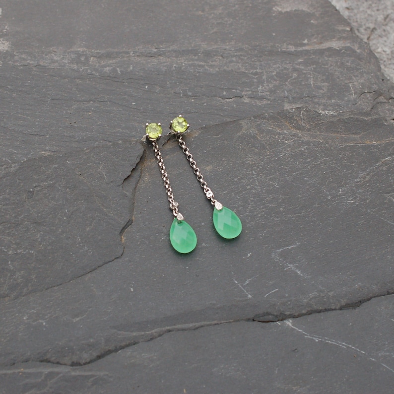 Peridot Quartz & Topaz Drop Earrings, Silver Chain shops Earring Jackets, Delicate Green Drop Earring Enhancers, Two Tone Gemstone Earrings