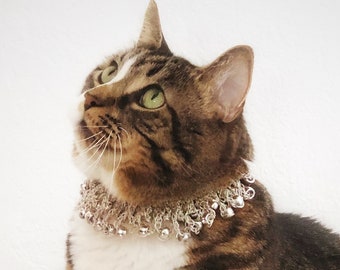 Crochet Jewelry Beaded Cat Collar Silver Beaded Necklace Elastic Crochet Necklace Wide Collar Unique Handmade Pet Accessories